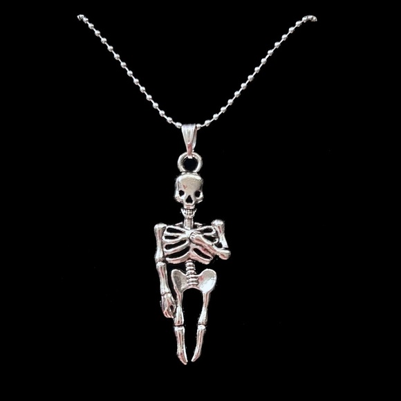 Hand Crafted Skeleton Necklace on Bead Ball Chain Punk Goth Silver Plate Chain - Picture 1 of 9